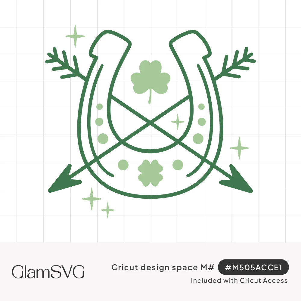 Green horseshoe over crossed arrows with a shamrock, a four-leaf clover and small sparkles