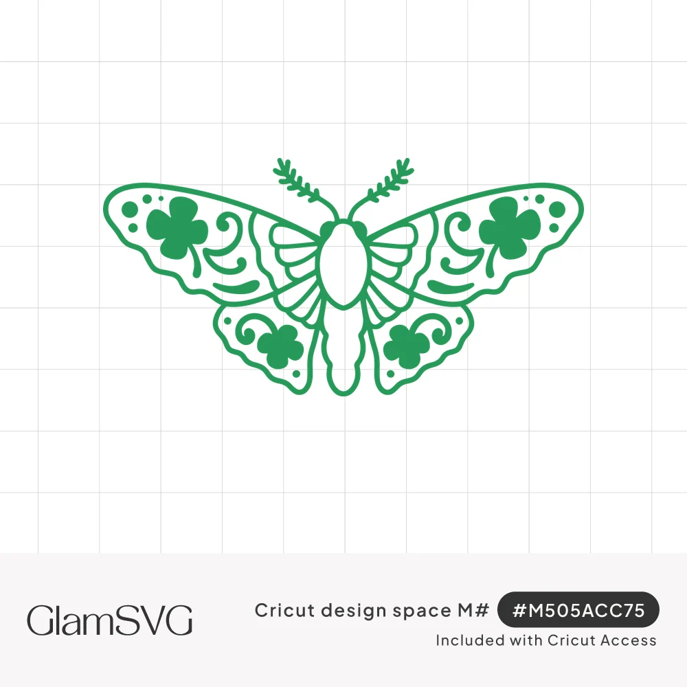 Green line-art moth with open wings decorated with shamrocks, swirls and dots, and feathery antennae