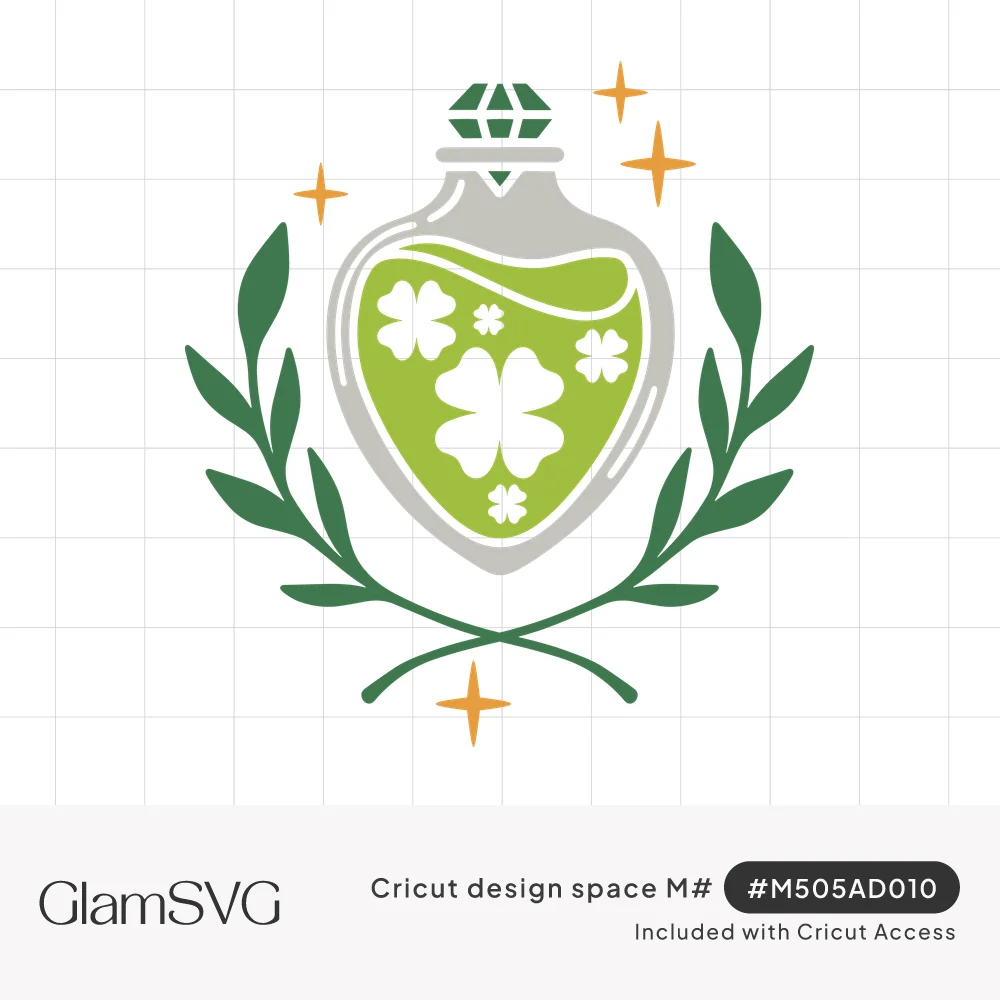 Heart-shaped potion bottle with green liquid and white four-leaf clovers, gem stopper, laurel branches and gold sparkles