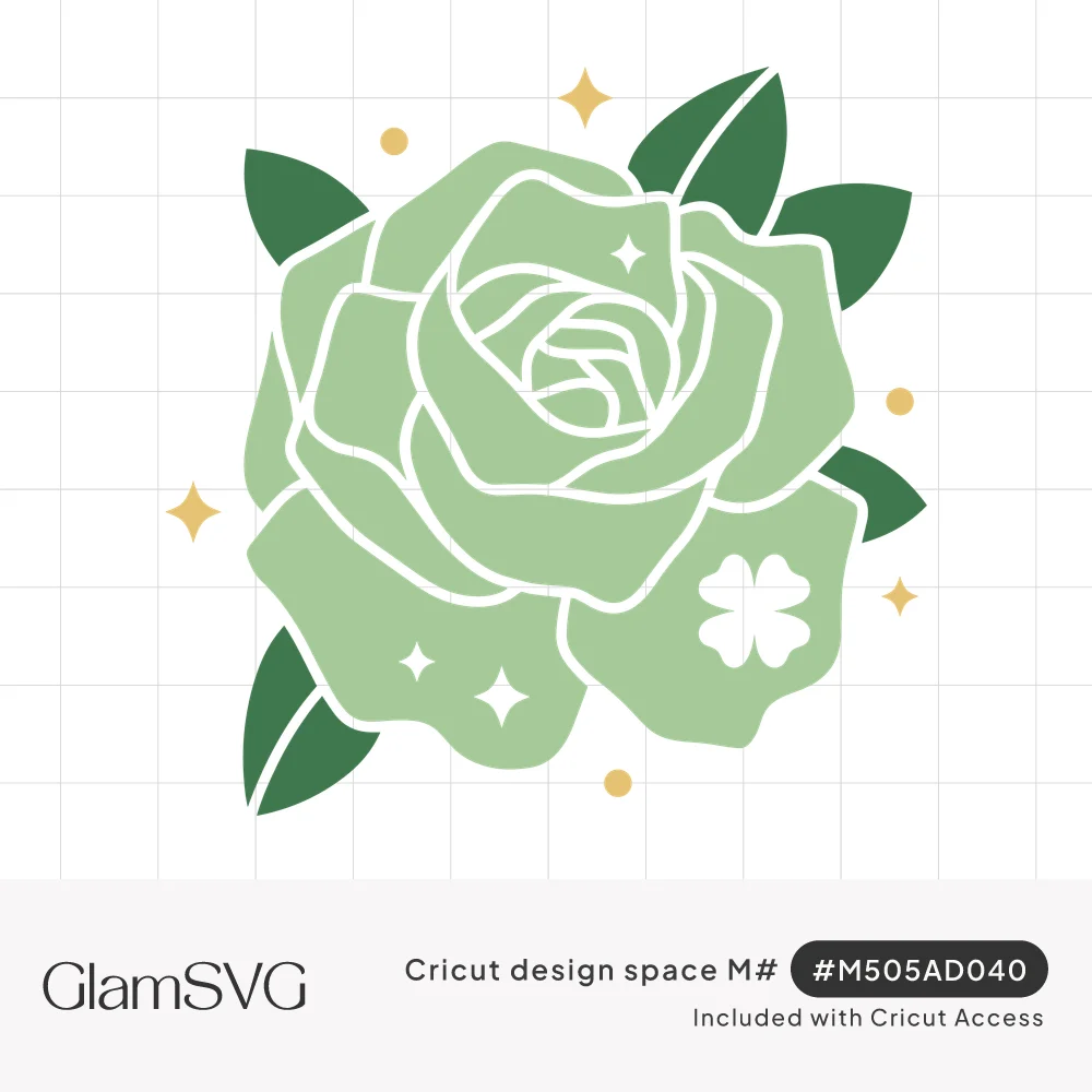 Sage green rose with white petal outlines, dark green leaves, gold sparkles, and a small white four-leaf clover