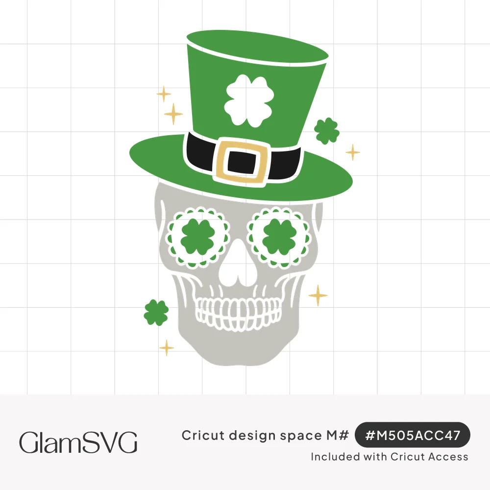Gray sugar skull wearing a green leprechaun top hat with gold buckle, shamrock eyes, sparkles and floating clovers