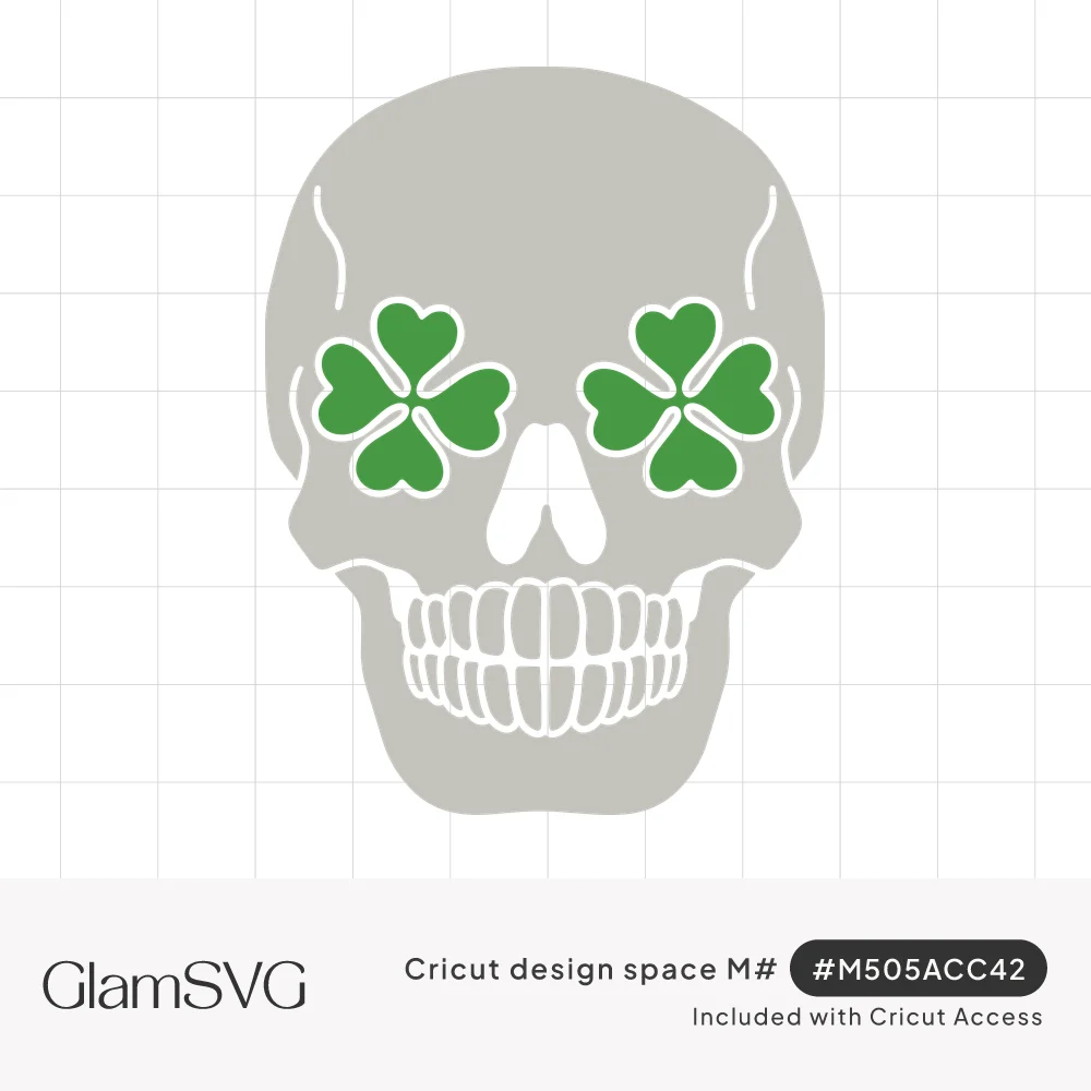 Gray skull illustration with green four-leaf clovers in both eye sockets and white outlined teeth