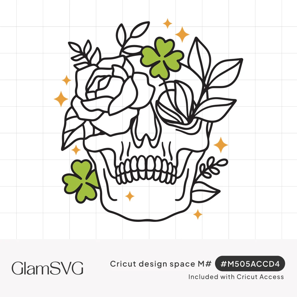 Black line-art skull covered in roses and leaves with green four-leaf clovers and small gold sparkles
