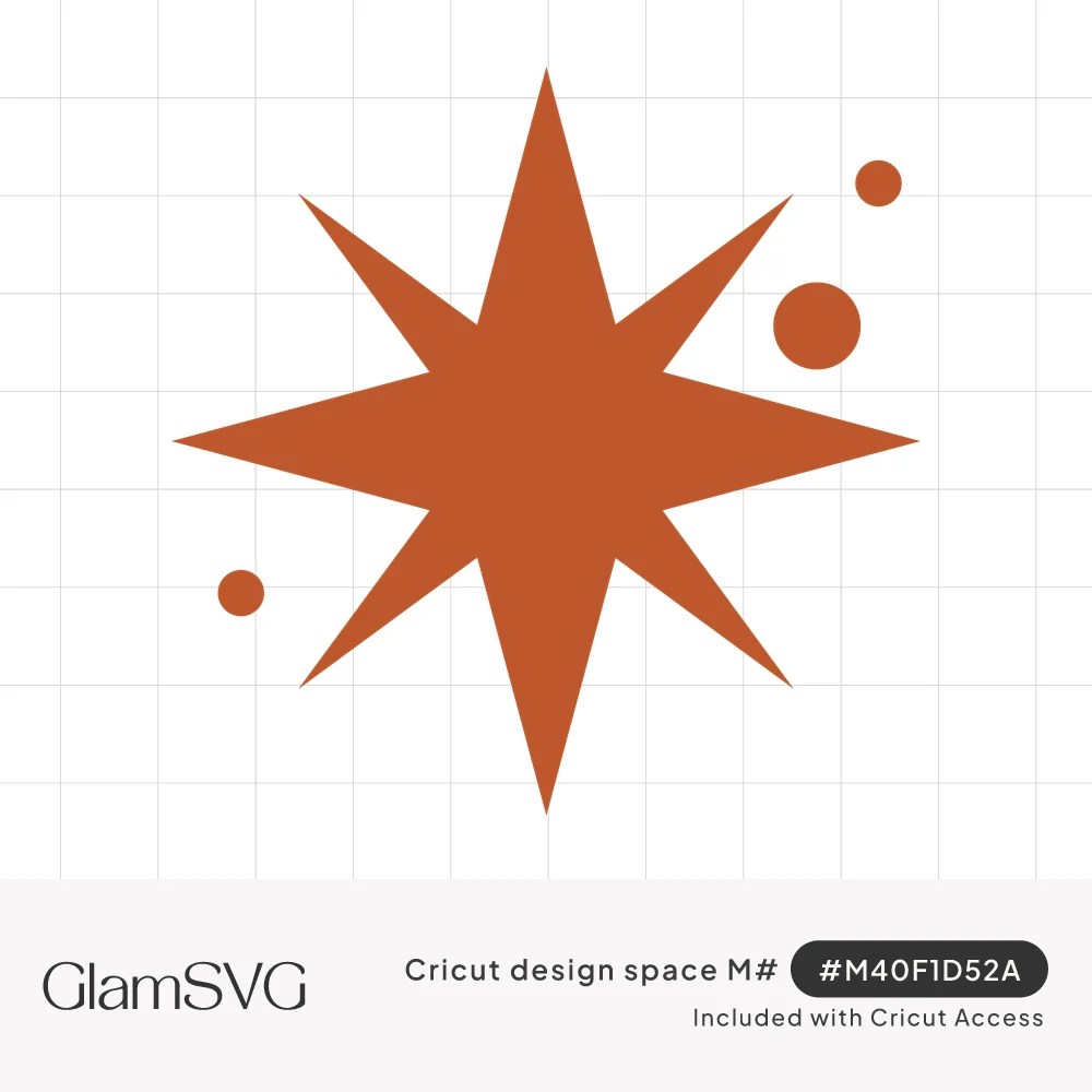 Burnt orange eight-point sparkle star with long and short rays and three small circles floating around it