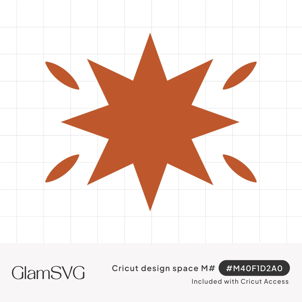 Burnt orange eight-pointed star with four small leaf-shaped sparks at its corners on a white background