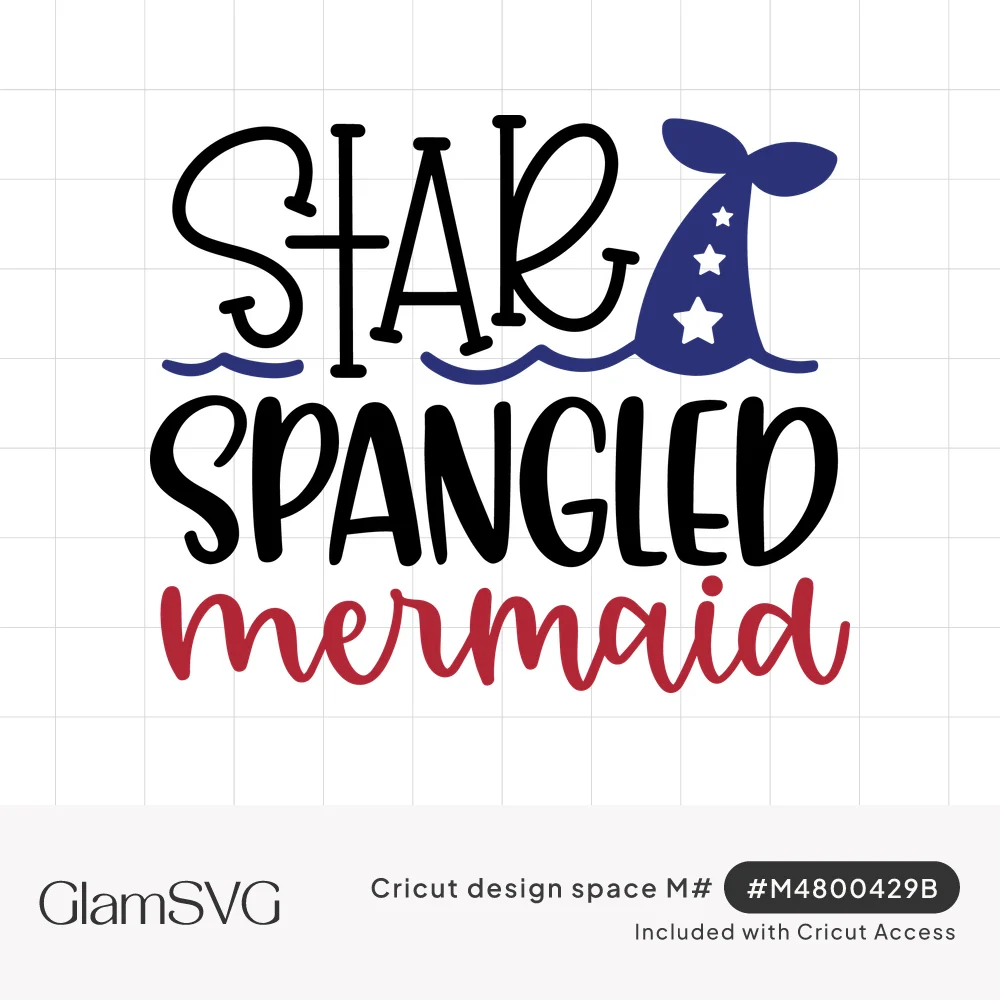 Star Spangled Mermaid lettering in black and red with a navy mermaid tail with white stars rising from blue waves