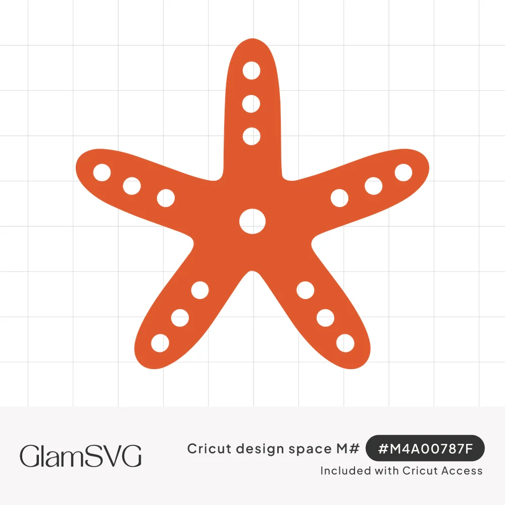 Orange five-armed starfish silhouette with rows of small round white dots along each arm and one at the center