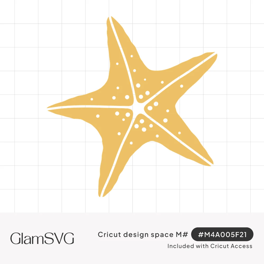 Golden yellow five-armed starfish with white lines down each arm and small white speckled dots