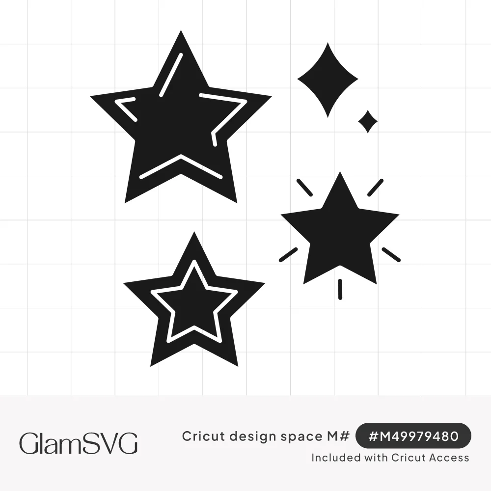Four black star shapes with white highlight, outline and burst details beside two small diamond sparkles