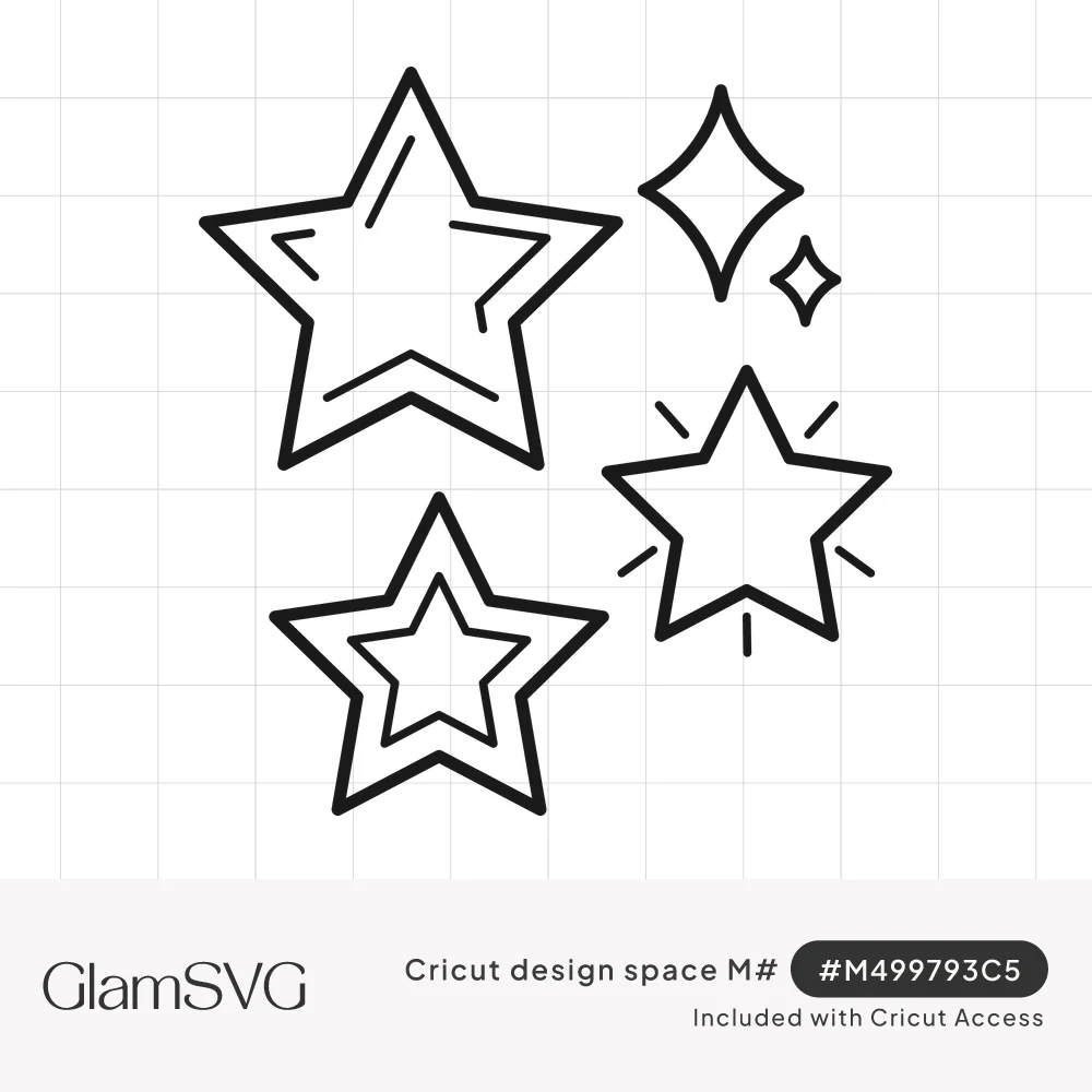 Black outline drawing of four stars, one with burst lines and one with an inner star, plus two diamond sparkles