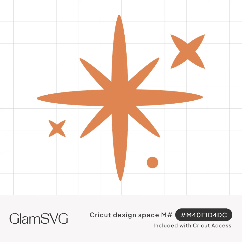 Orange eight-pointed starburst with two small four-pointed sparkle stars and a small dot around it
