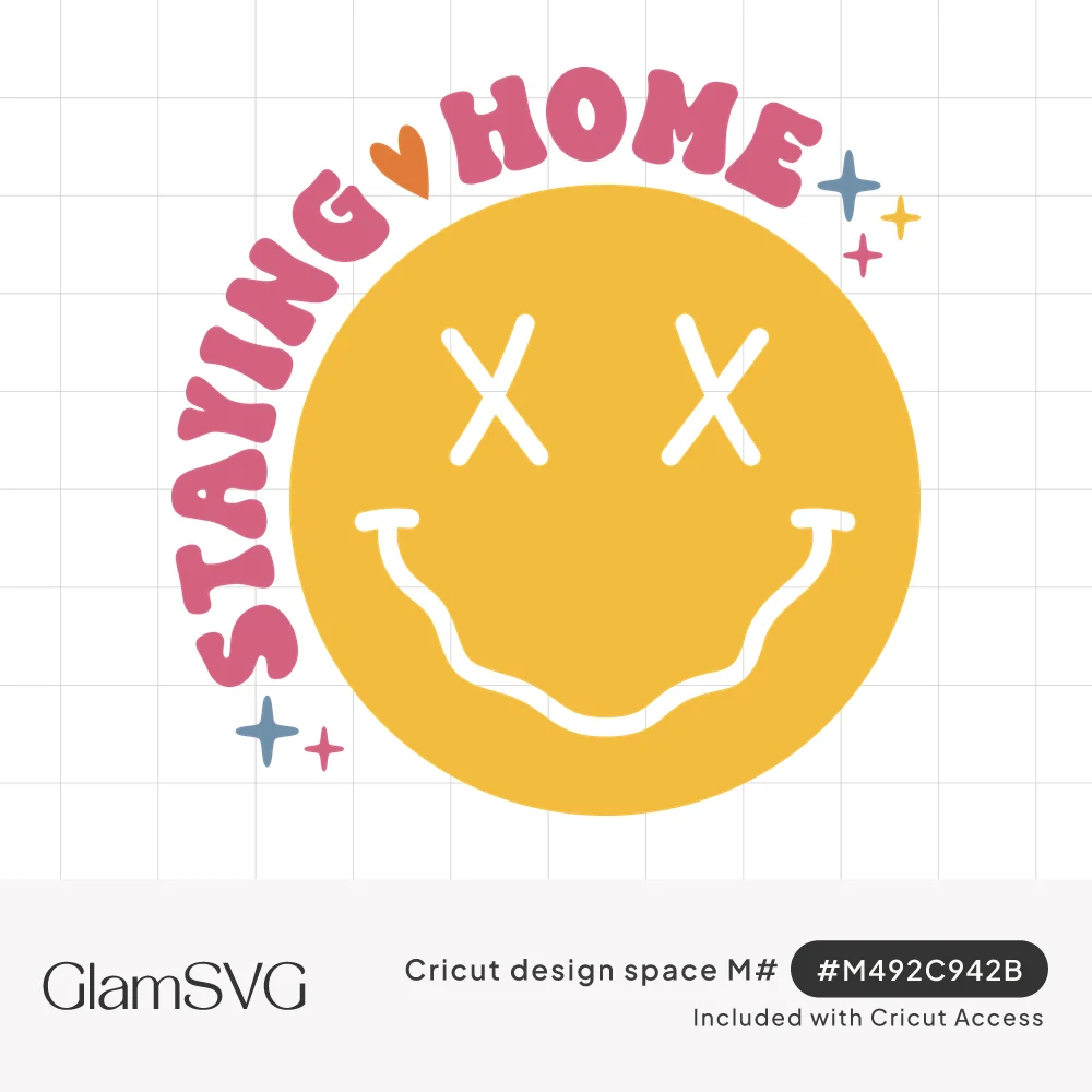 Yellow smiley face with X eyes and wavy smile, curved pink Staying Home text, small orange heart and blue and pink sparkles