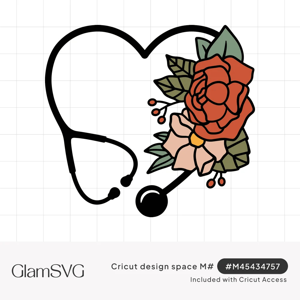 Black stethoscope curved into a heart shape with red roses, a pink flower and green leaves along the right side