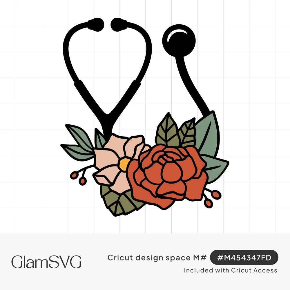 Black stethoscope with a cluster of pink flower, coral rose, green leaves and red berries at its base