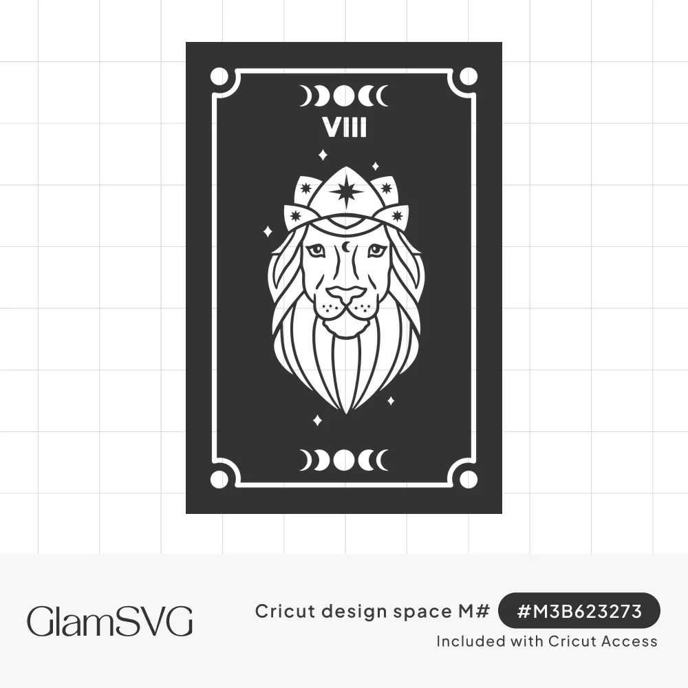 Charcoal tarot card with white line art of a crowned lion face, moon phases, stars and the Roman numeral VIII