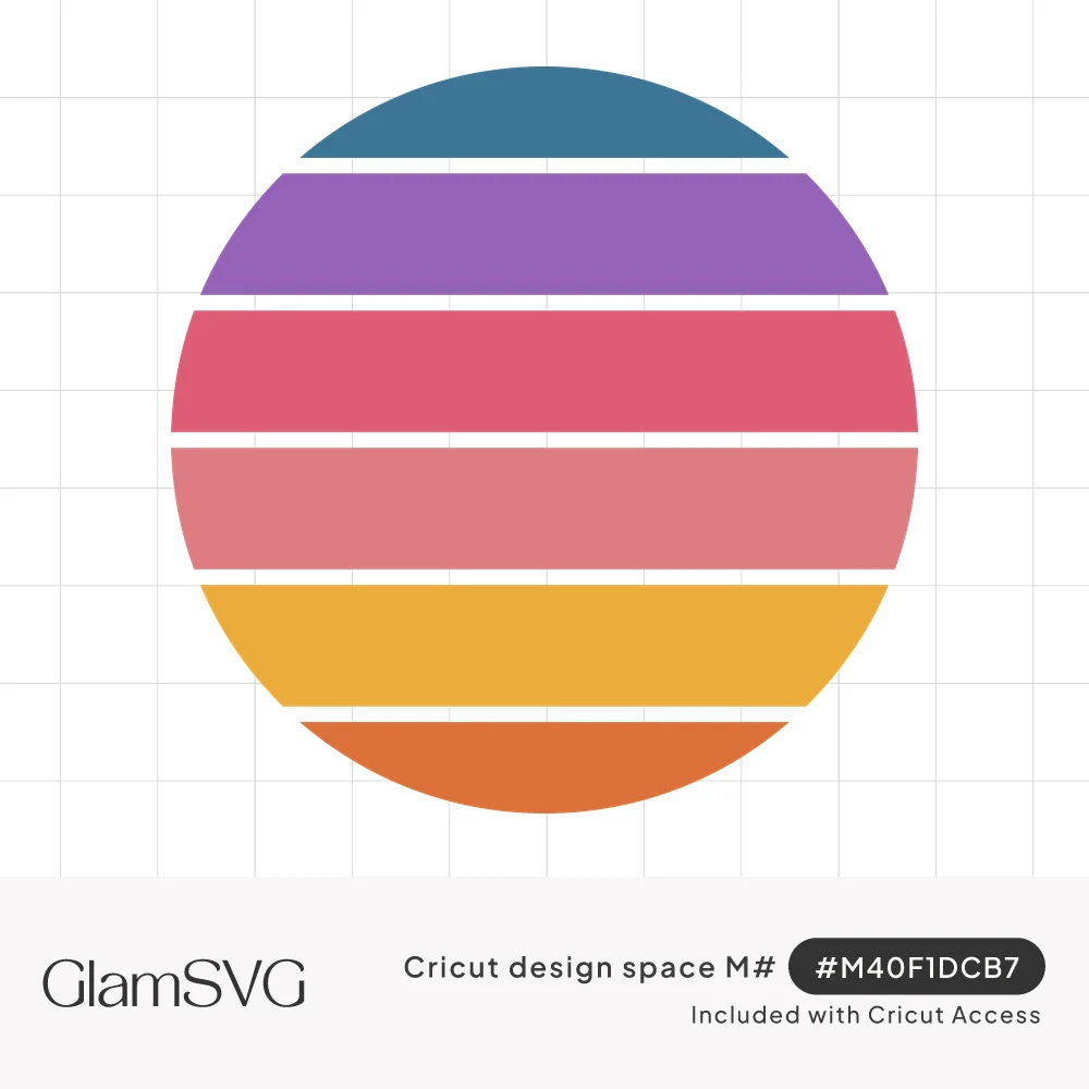 Circle filled with horizontal stripes in teal, purple, pink, light pink, mustard yellow and orange, separated by thin gaps