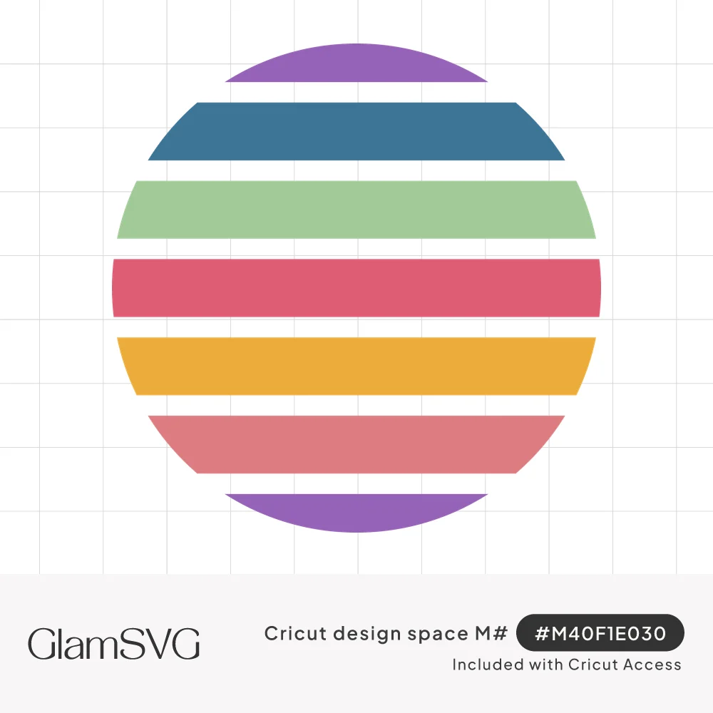 Circle made of horizontal stripes in purple, teal, sage green, raspberry, mustard and coral separated by thin white gaps