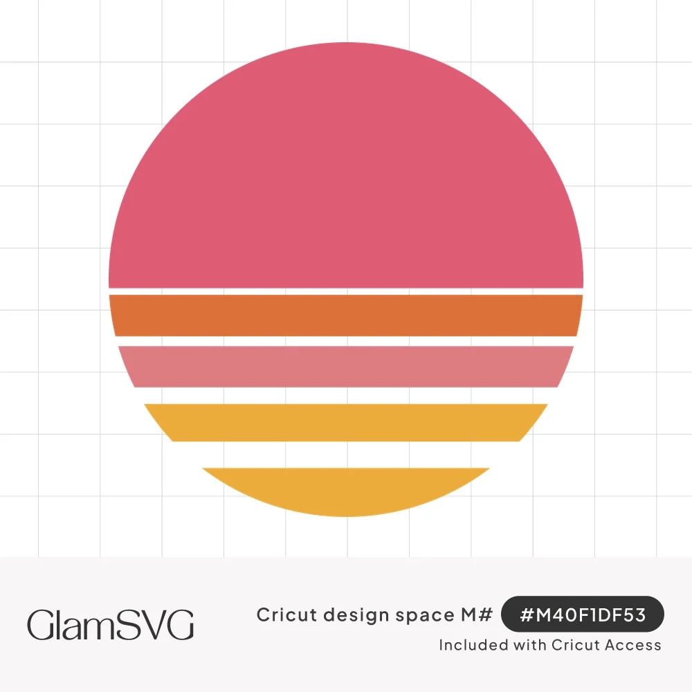 Retro sunset circle with a pink sun above horizontal stripes of orange, light pink and golden yellow