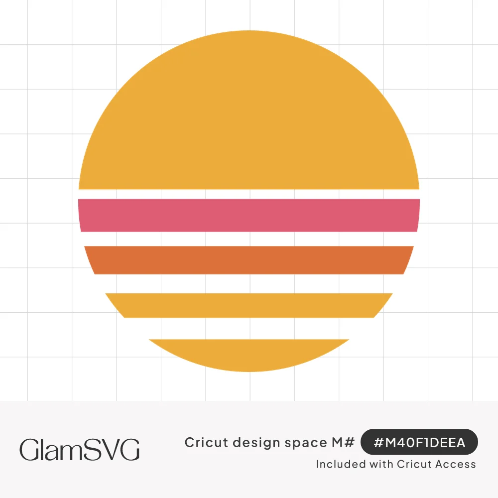 Retro sunset circle in golden yellow with horizontal pink, orange and gold stripes separated by white gaps