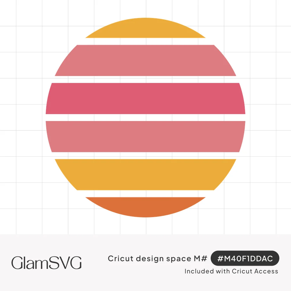 Circle filled with horizontal stripes in yellow, coral, deep pink and orange with white gaps, like a retro sunset