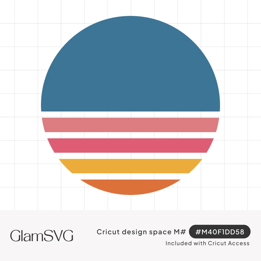 Circle with a blue top half and horizontal pink, rose, yellow and orange stripes below, styled like a retro sunset