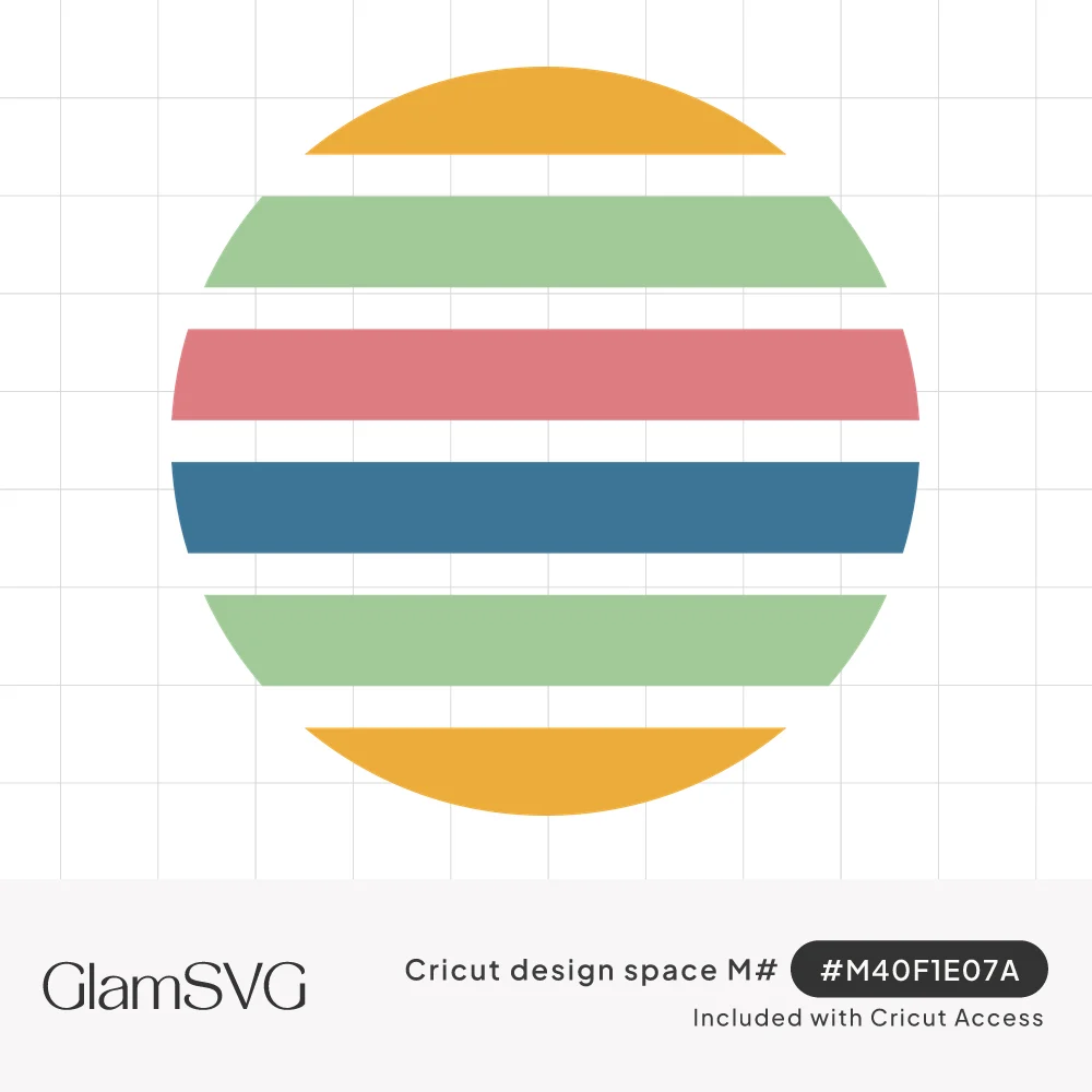 Circle made of horizontal stripes in mustard yellow, sage green, coral pink and blue, mirrored from the center with white gap