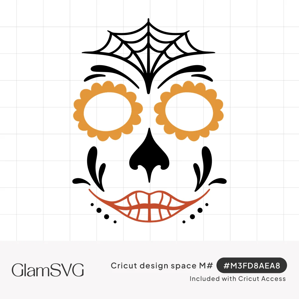 Sugar skull Catrina face with black spiderweb, orange scalloped eye rings, black nose, cheek swirls and red stitched lips