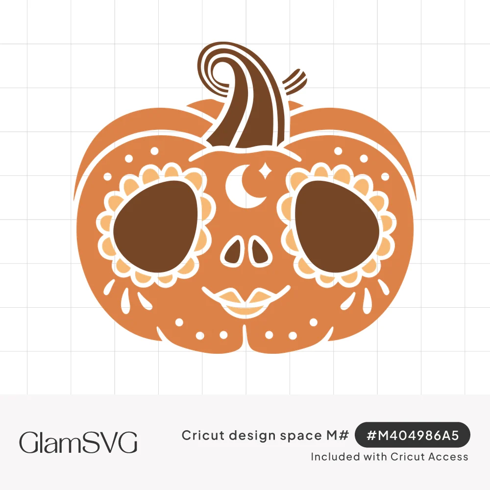 Orange pumpkin decorated as a sugar skull with scalloped flower eyes, crescent moon, dots and a curly brown stem