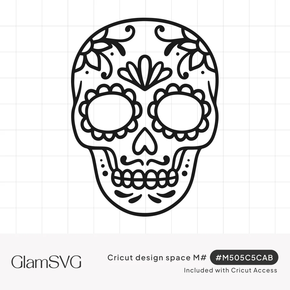 Black line art sugar skull with scalloped eye sockets, floral swirls on the temples, a fan motif, heart-shaped nose and teeth