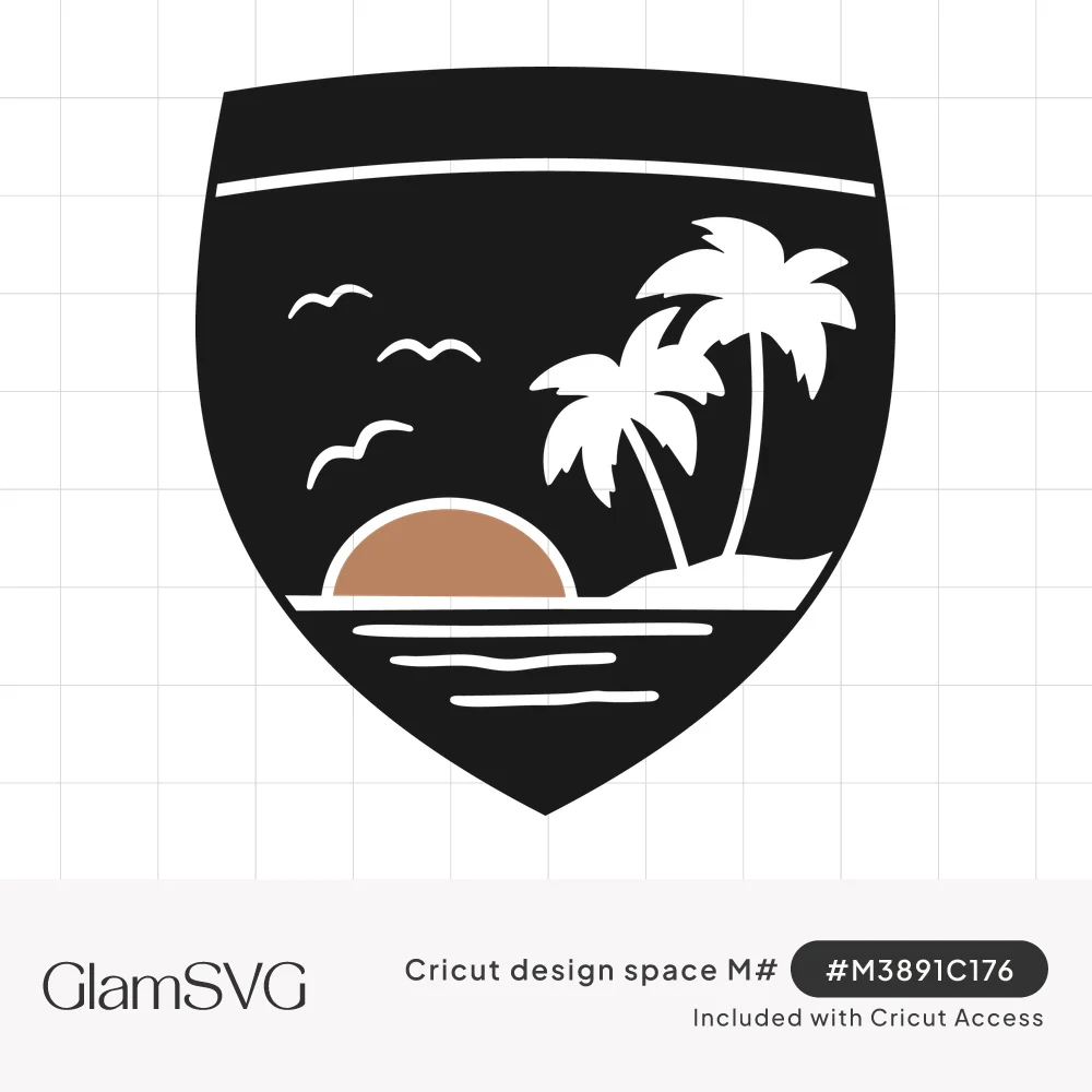 Black shield badge with white palm trees, flying seagulls, ocean waves and a copper sun setting on the horizon
