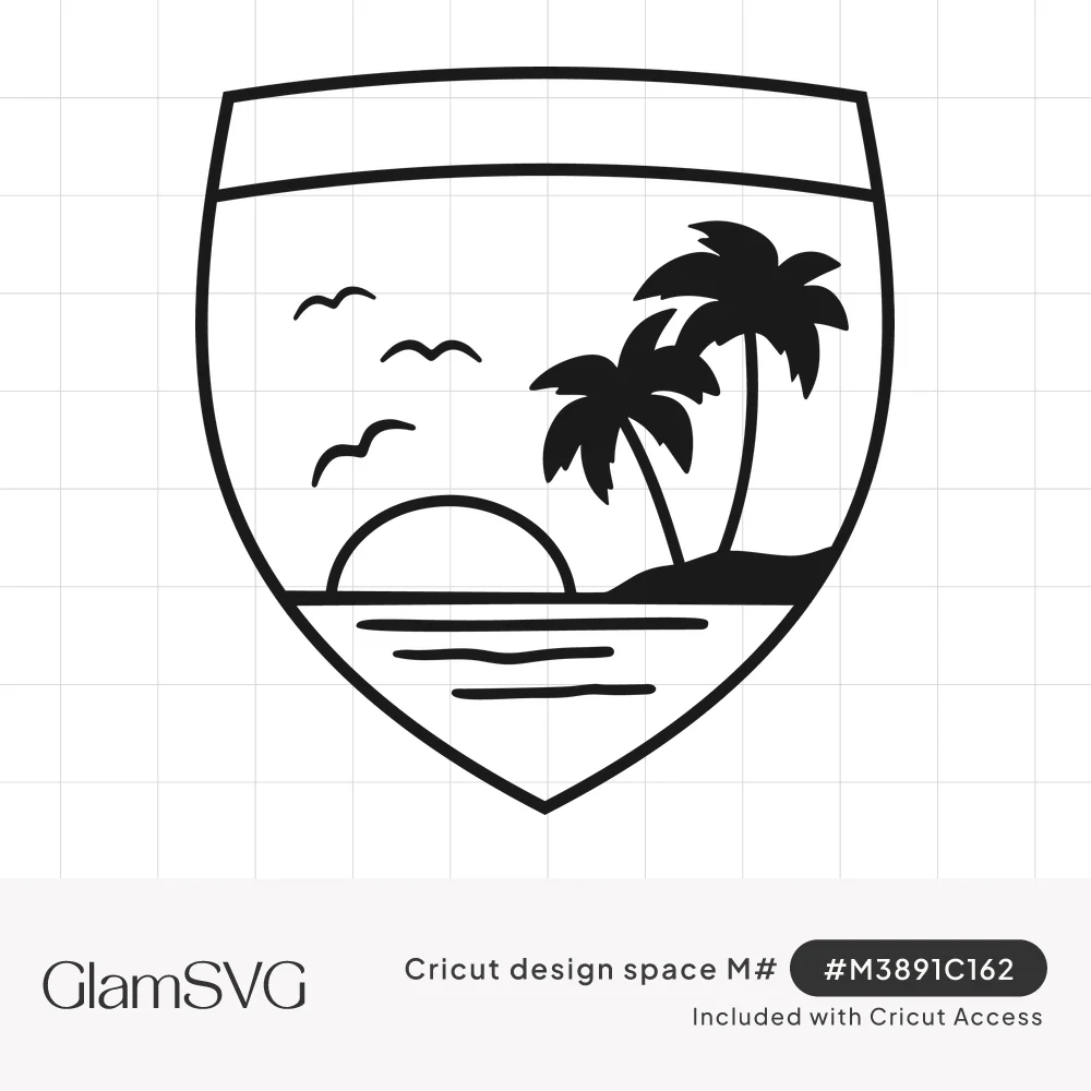Black outline shield badge with palm trees on an island, half sun on the horizon, seagulls and ocean waves