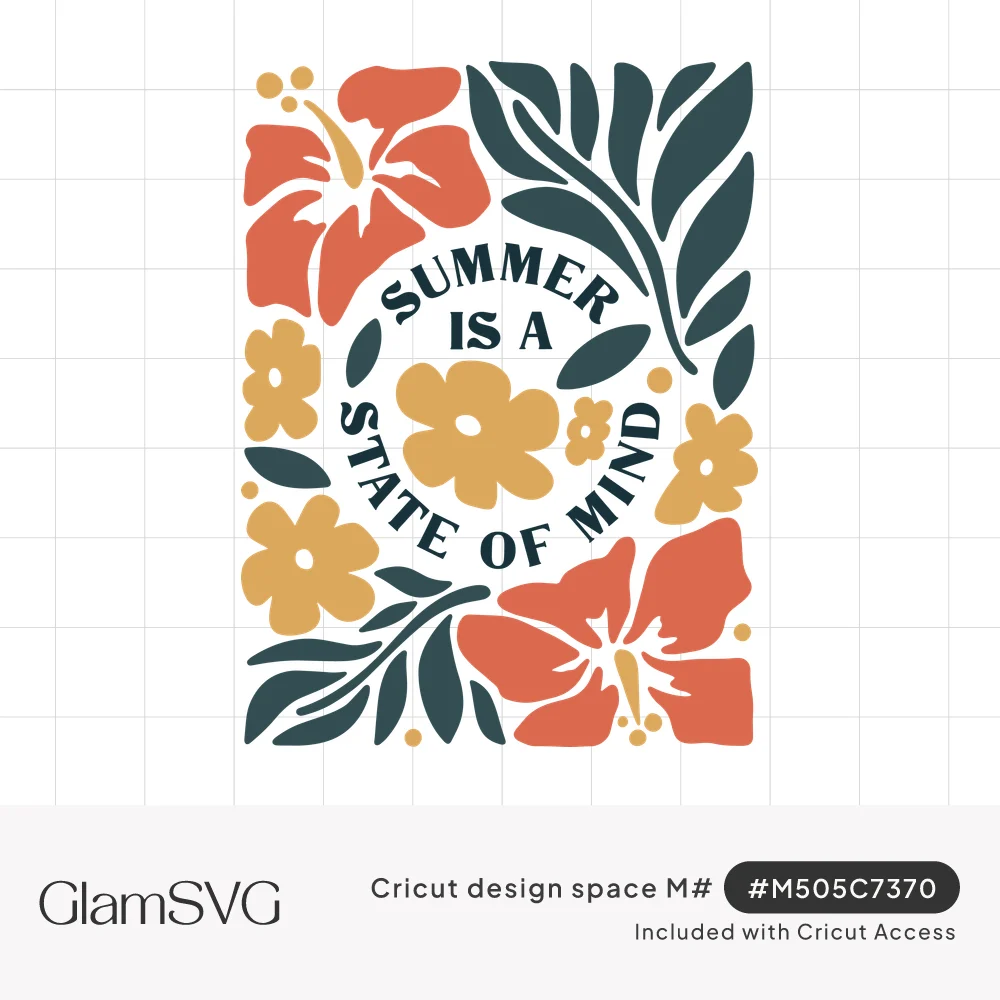 Summer Is a State of Mind quote curved around a yellow flower, framed by coral hibiscus and dark teal tropical leaves