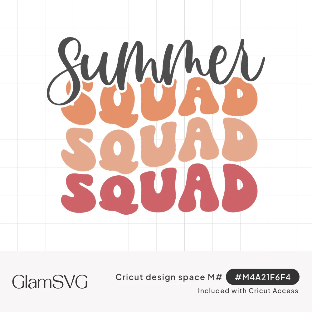 Gray script word Summer above three stacked bubbly SQUAD lines in orange, peach and rose retro lettering