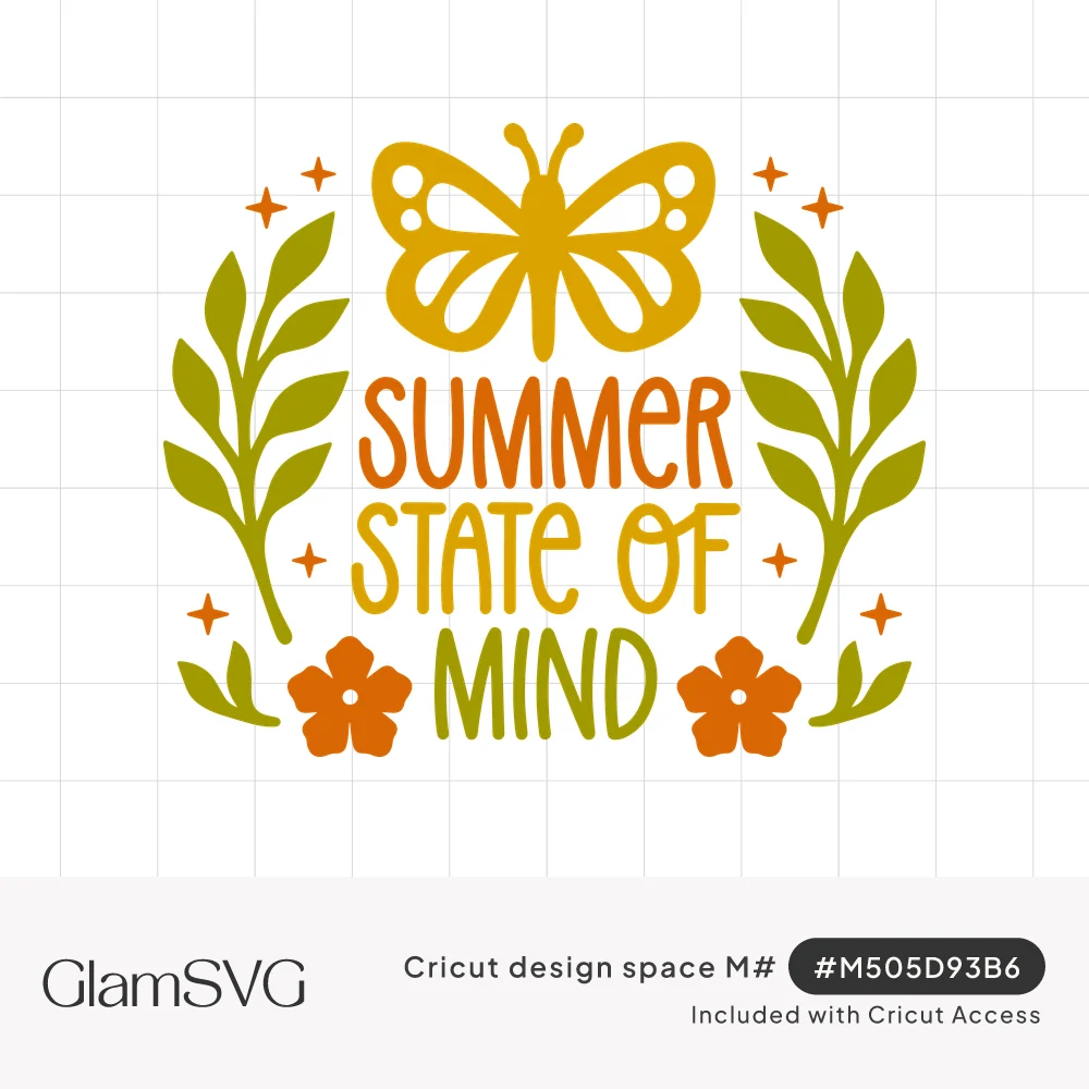 Summer State of Mind lettering under a gold butterfly, framed by green leafy branches, orange flowers and small stars