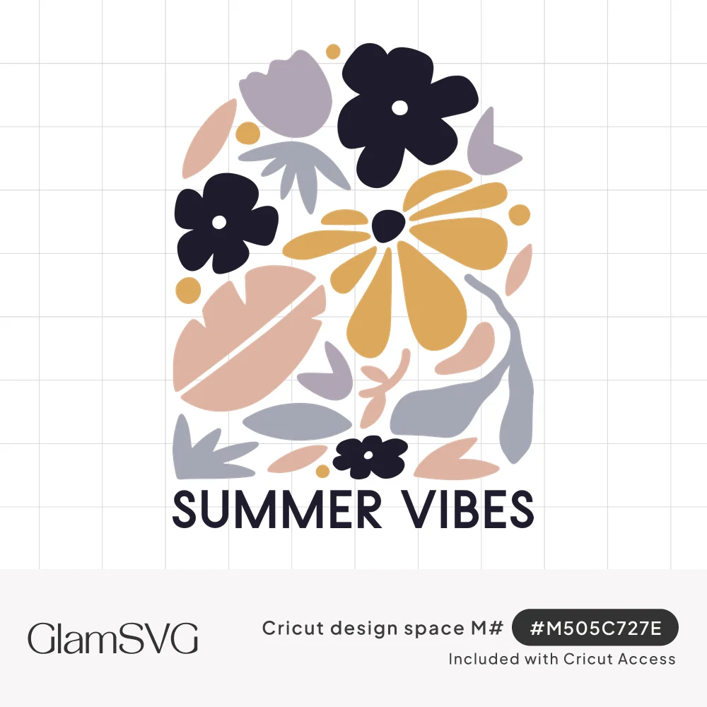 Arched cluster of abstract navy, mustard, blush and lavender flowers and leaves above the words Summer Vibes