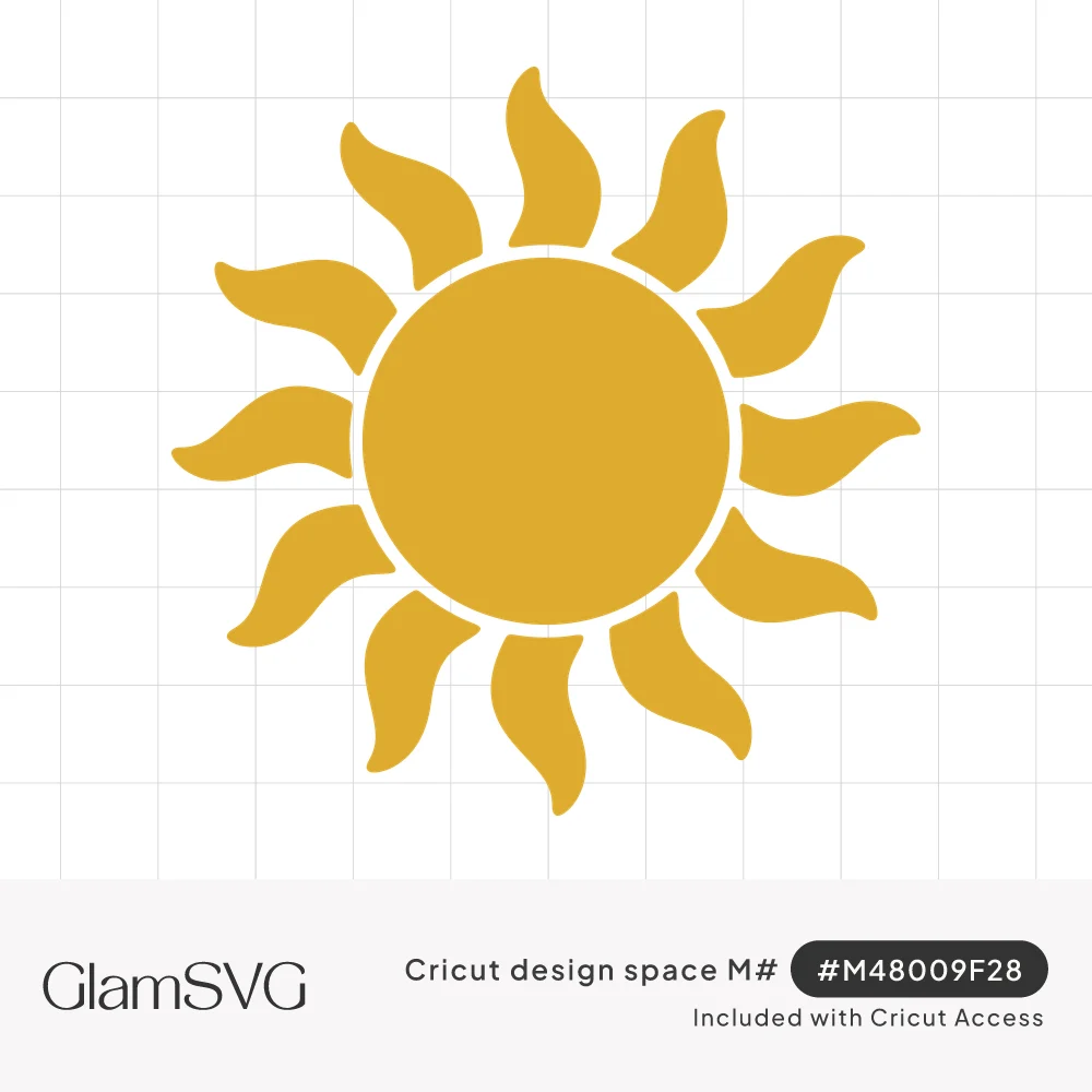 Golden yellow sun with a round center and fourteen wavy, flame-shaped rays curling outward, outlined in dark gray
