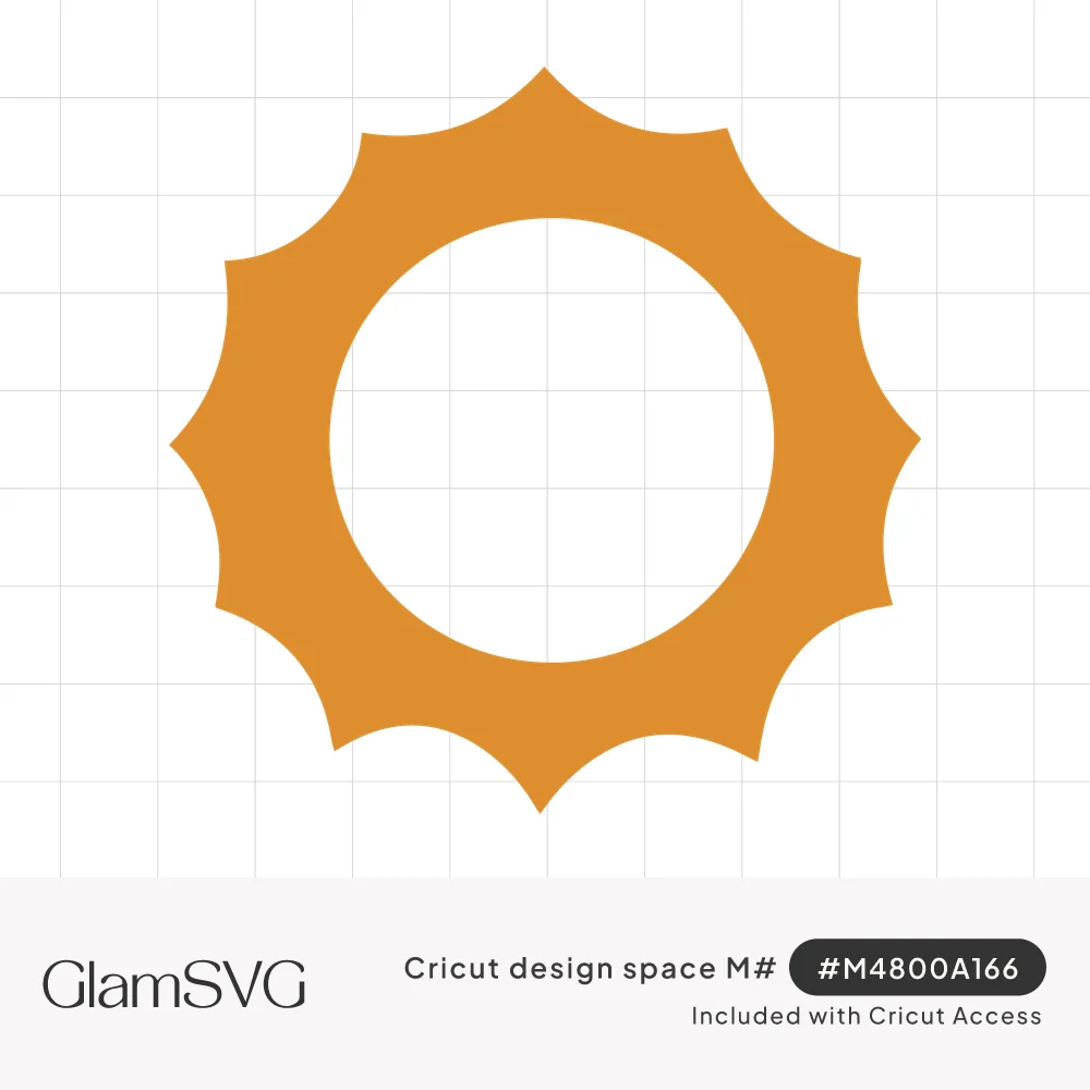 Orange sun shape with pointed scalloped rays surrounding a large empty white circle in the center