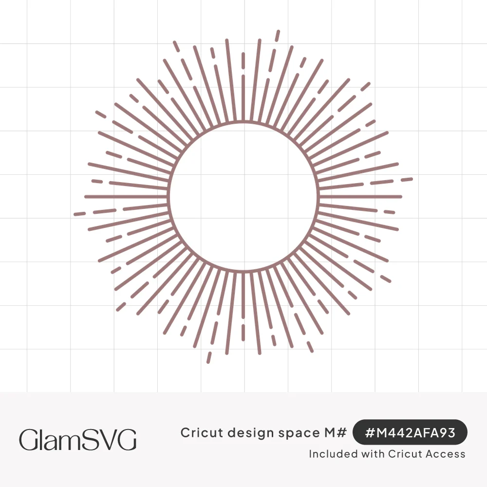 Line art sunburst with long and dashed rays radiating from an empty center circle in dusty rose