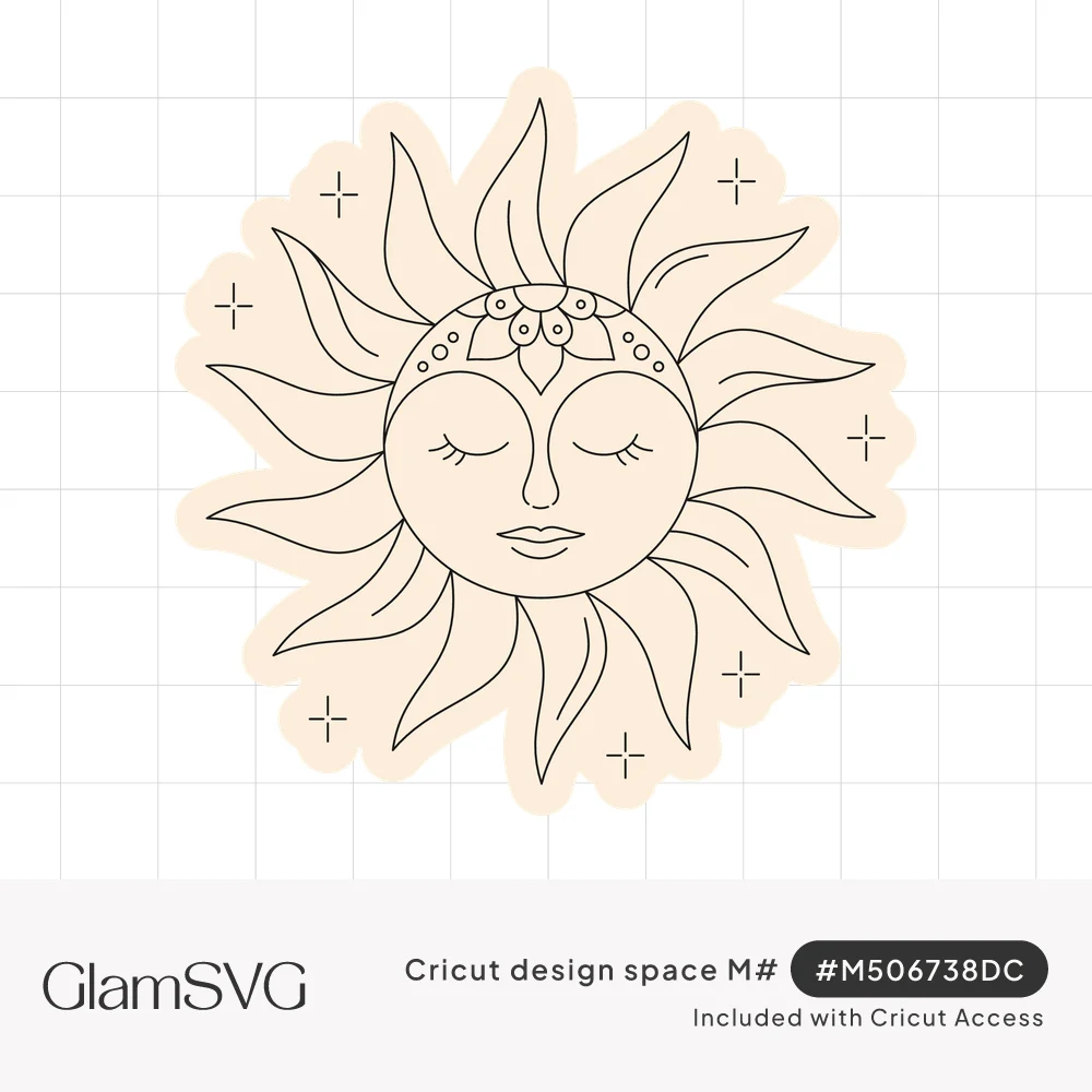 Line art sun face with closed eyes, lotus forehead ornament and wavy rays inside a sticker outline with sparkles