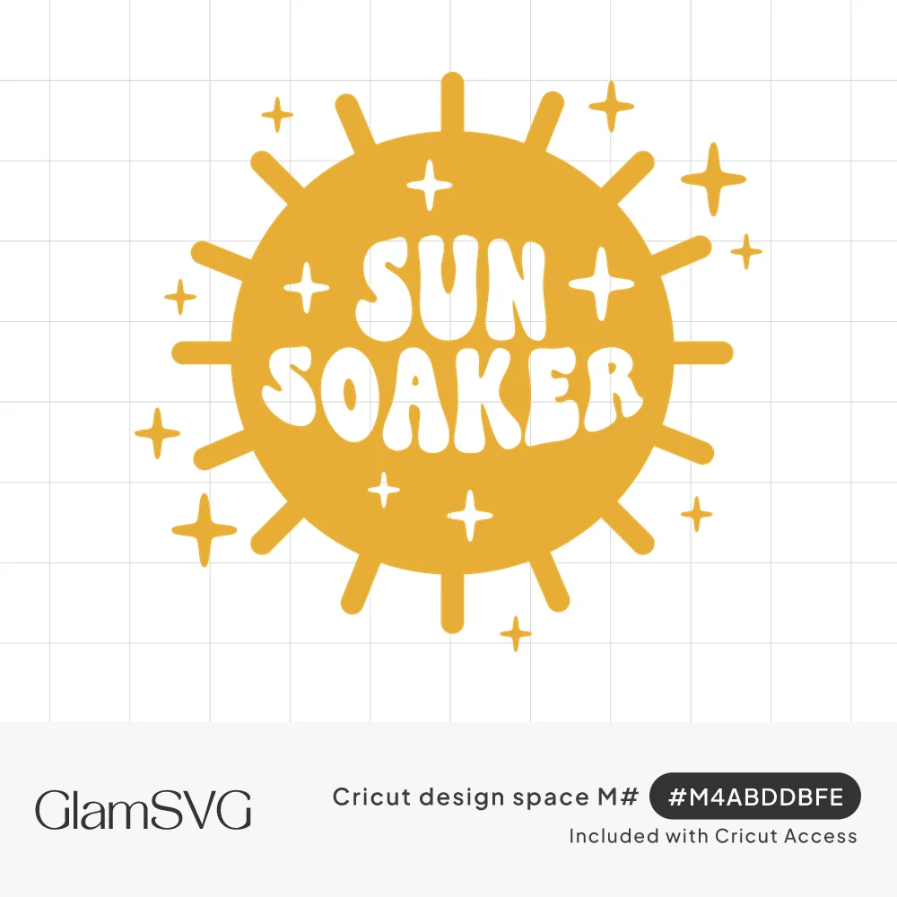 Golden yellow sun with rays and sparkles, with white bubbly retro letters reading Sun Soaker in the center