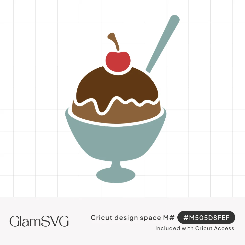Chocolate ice cream sundae with fudge and cream drizzle, a red cherry on top and a spoon in a blue footed dish