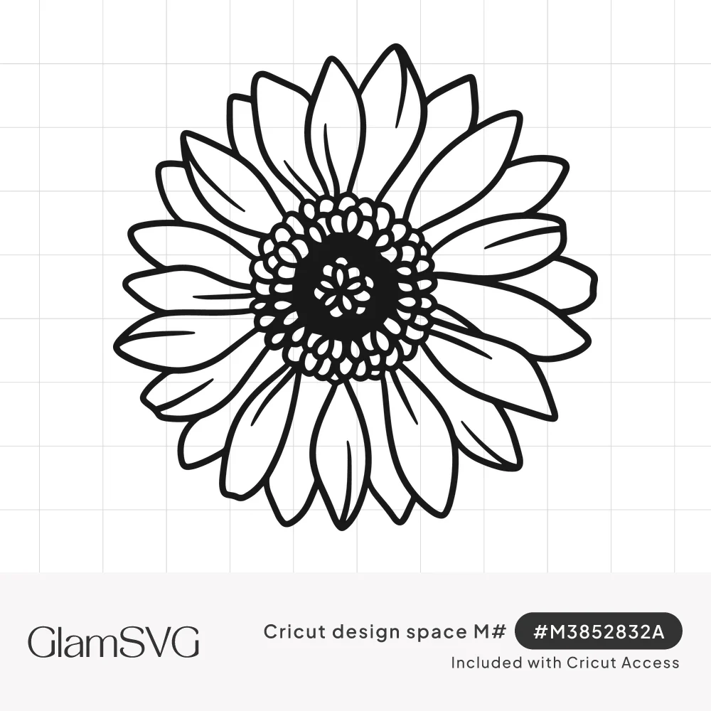 Black outline drawing of an open sunflower with two rings of pointed petals and a detailed seed-head center