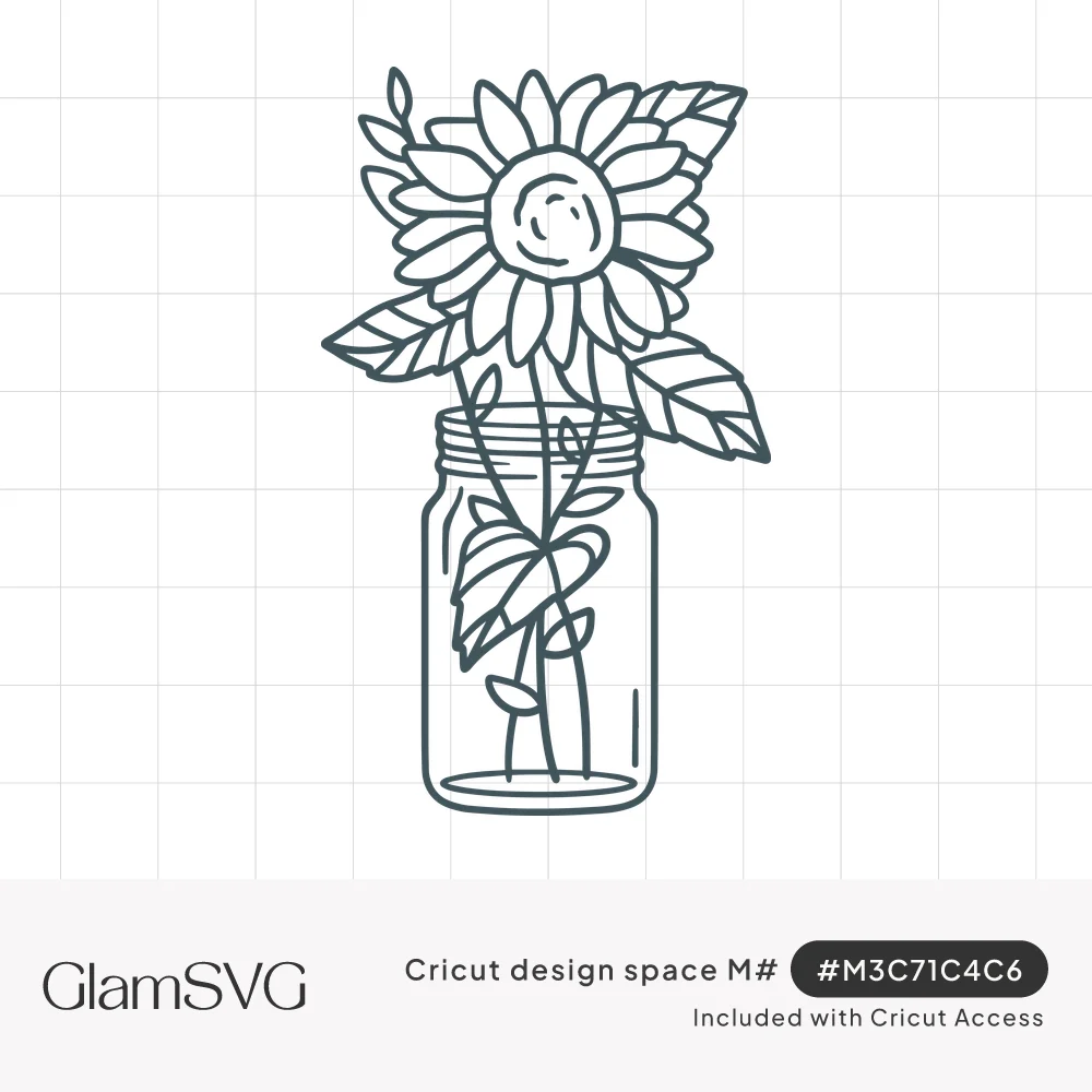 Line drawing of a single sunflower with leaves standing in a glass mason jar with a ribbed lid rim