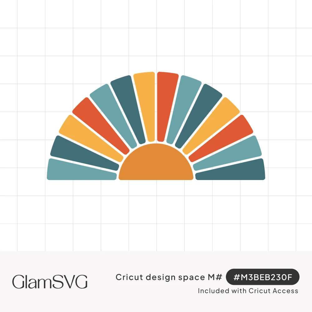 Half-circle retro sunset with an orange sun and rounded rays in teal, slate blue, mustard yellow and burnt orange
