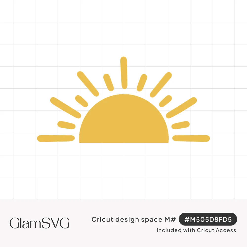 Yellow half sun on a horizon with rounded rays radiating outward in alternating long and short strokes