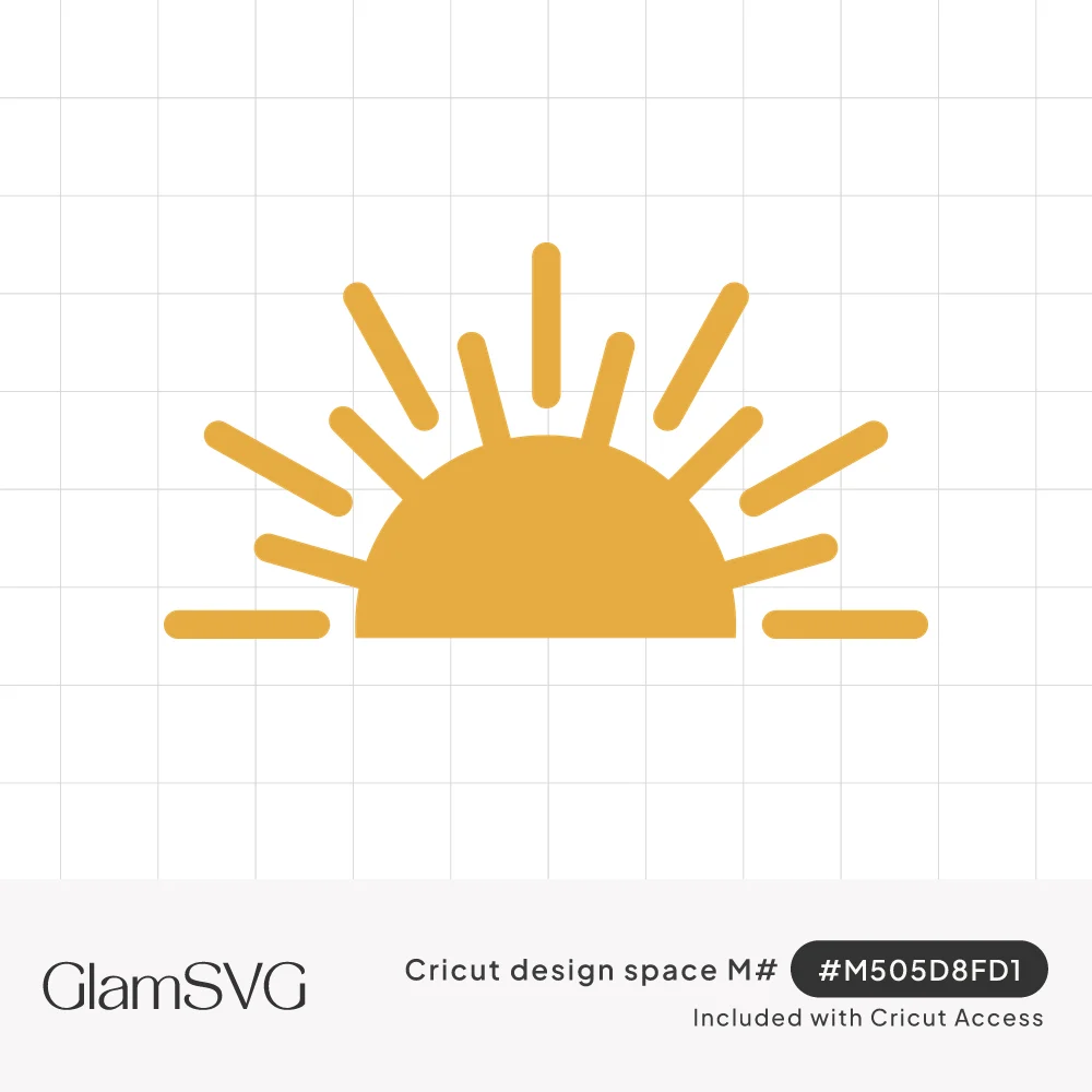 Golden yellow half sun on a horizon line with long and short rays fanning outward