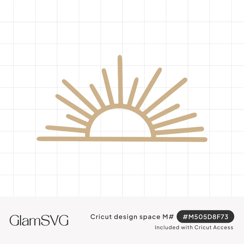 Minimalist line drawing of a half sun on a horizon line with long and short rays fanning outward in tan