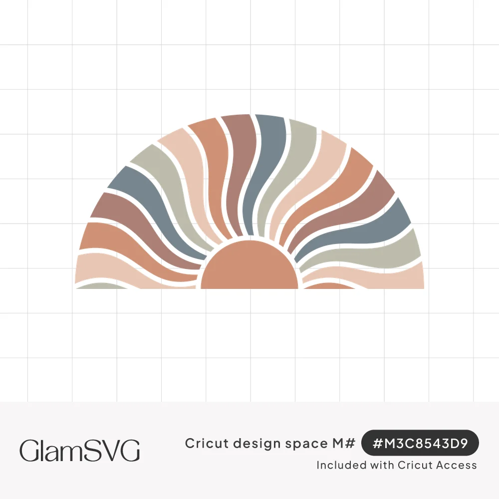 Half-circle boho sunset with wavy rays in terracotta, sage green, dusty blue, mauve and blush around a setting sun