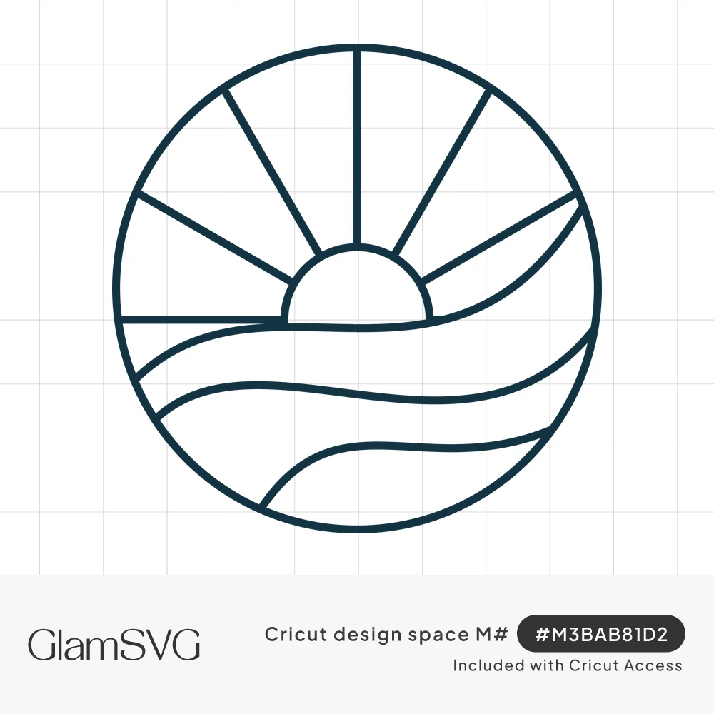 Minimalist line art circle showing a half sun with radiating rays above flowing ocean waves in dark navy outline