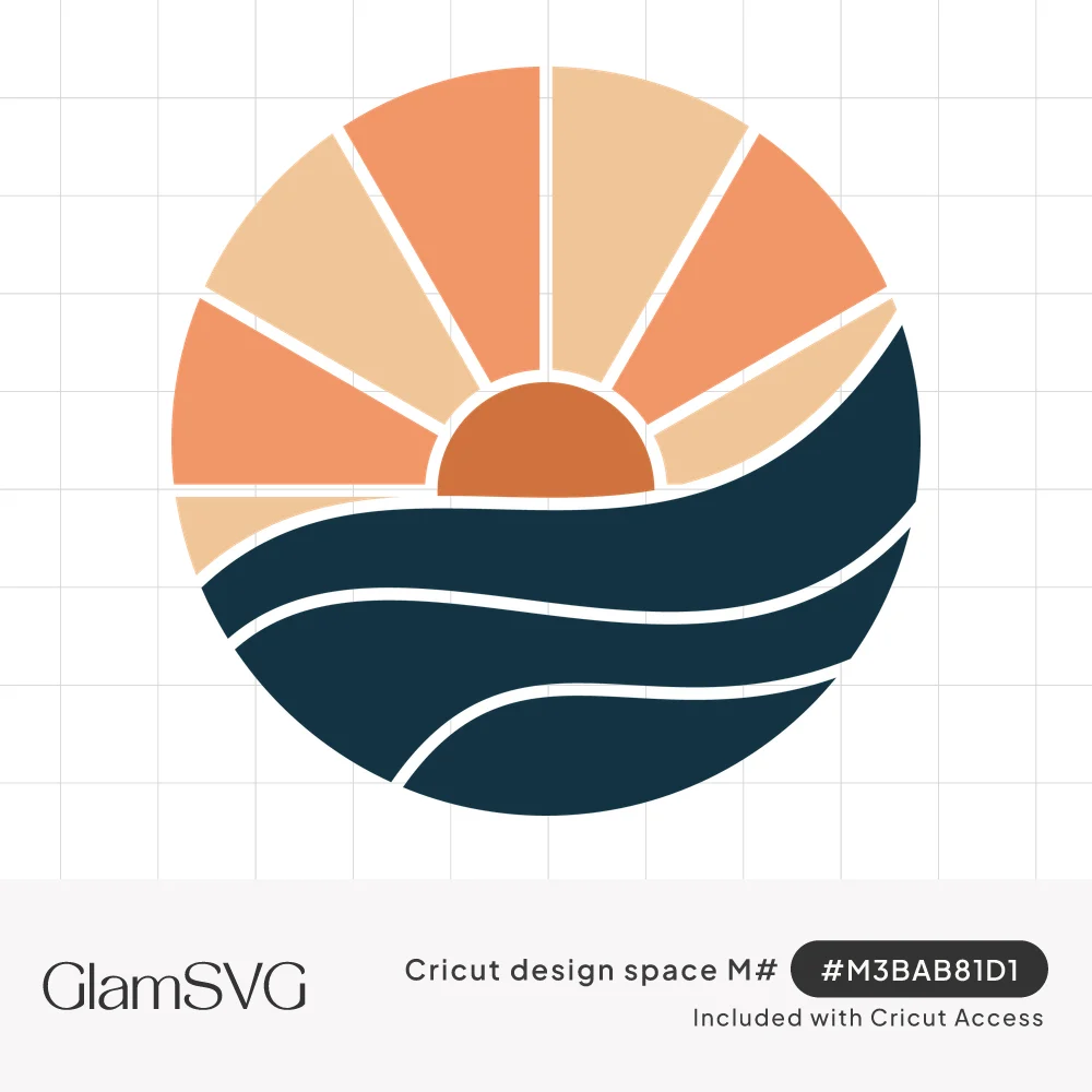 Circular boho design of a peach and orange sun with rays rising over curving navy blue ocean waves